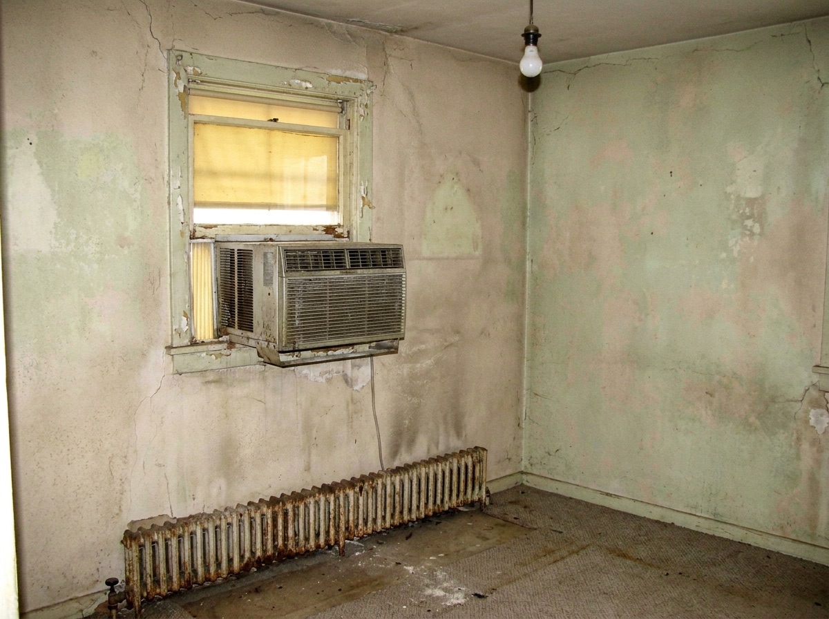 Old window air-conditioning unit in a home before upgrade