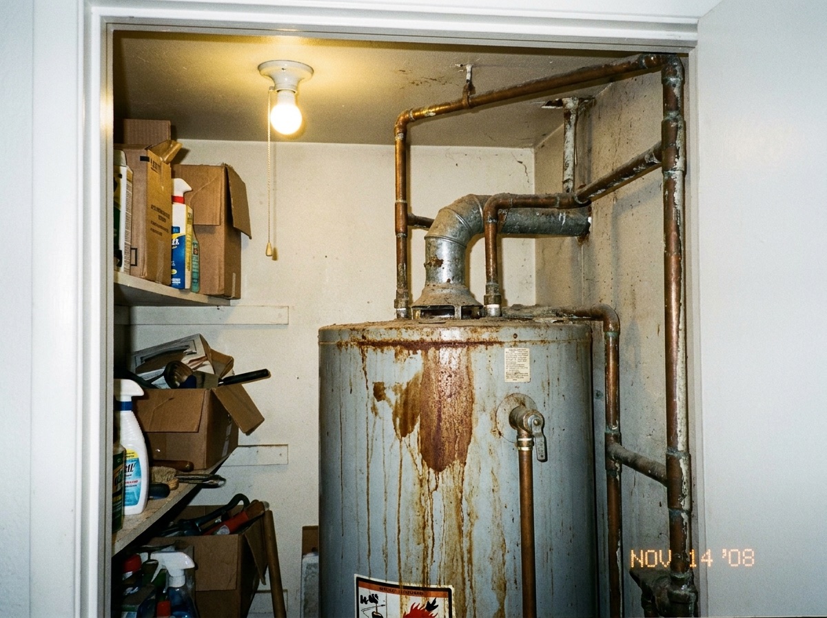 Old bulky storage-tank water heater before replacement